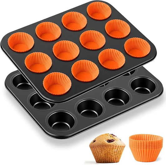 2 Set 12-cup Non Stick Carbon Steel Muffin Pan for Baking with 24 Reusable Silicone Liners, Non Toxic Cupcake Pan Muffin Tin for Easter Wedding Brownies Egg Bite, Easy to Pop(Orange)