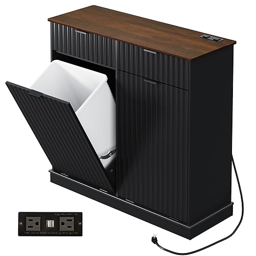 WLIVE 2 * 10 Gallon Double Tilt Out Trash Can Cabinet, Hidden Trash Can Cabinet with 2 AC+ USB Outlets, Storage Drawers, Food/Clothes Storage Pet Proof Kitchen Trash bin Cabinet for Home (Black)