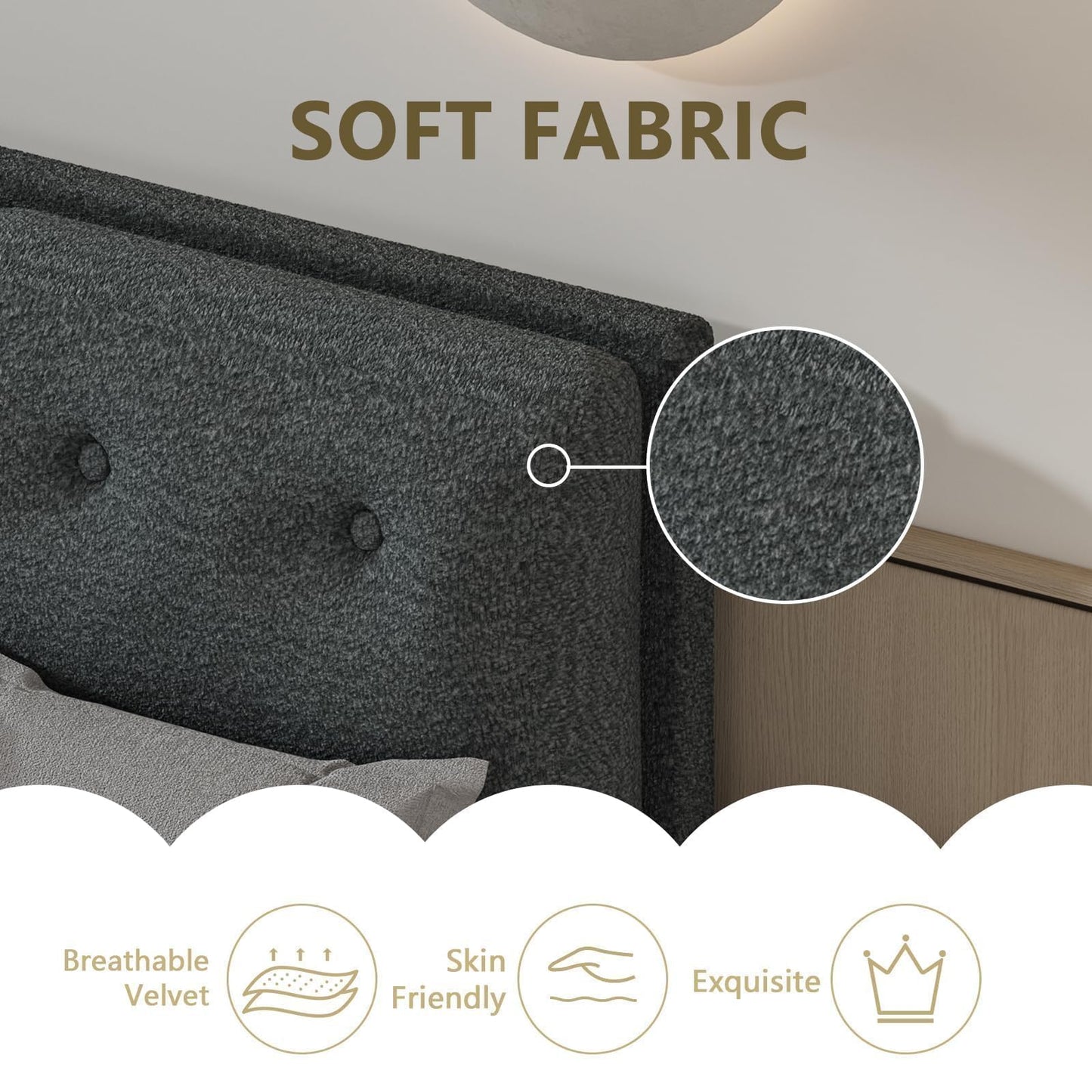 CHABUILDREARK King Size Bed Frame, Upholstered Boucle Platform Bed with Headboard, Cloud Bed Frames with Soft Headboard, Wooden Slats Support, No Box Spring Needed, Easy Assembly, Dark Grey