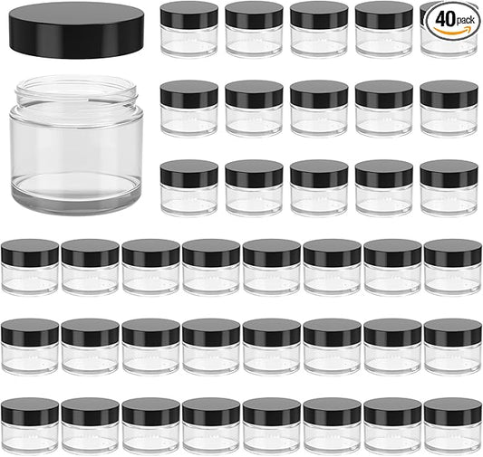 2oz Jars with Lids, HOA Kinh 40 Pack Clear Glass Jars with Lids Empty Cosmetic Containers Round Airtight Glass Jar with Black Lid for Storing Lotions Powders Ointments