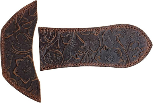 JJNUSA Leather Cast Iron Handle Cover，Skillet Handle Cover, Handmade Full Grain Crazy Horse Leather Handle Protector (2 Pack) Flower Brown