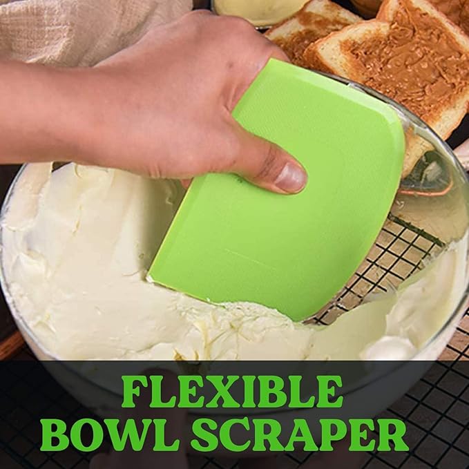 SURDOCA Dough Scraper Bench Scraper - 3P 9.5x6.1" Plastic Flexible Bowl Scraper, Sharp Edge & Angles Cake Scraper. Non-Slip Bakeware Decorating Tools Sculpting & Modeling Tools - White+Blue+White