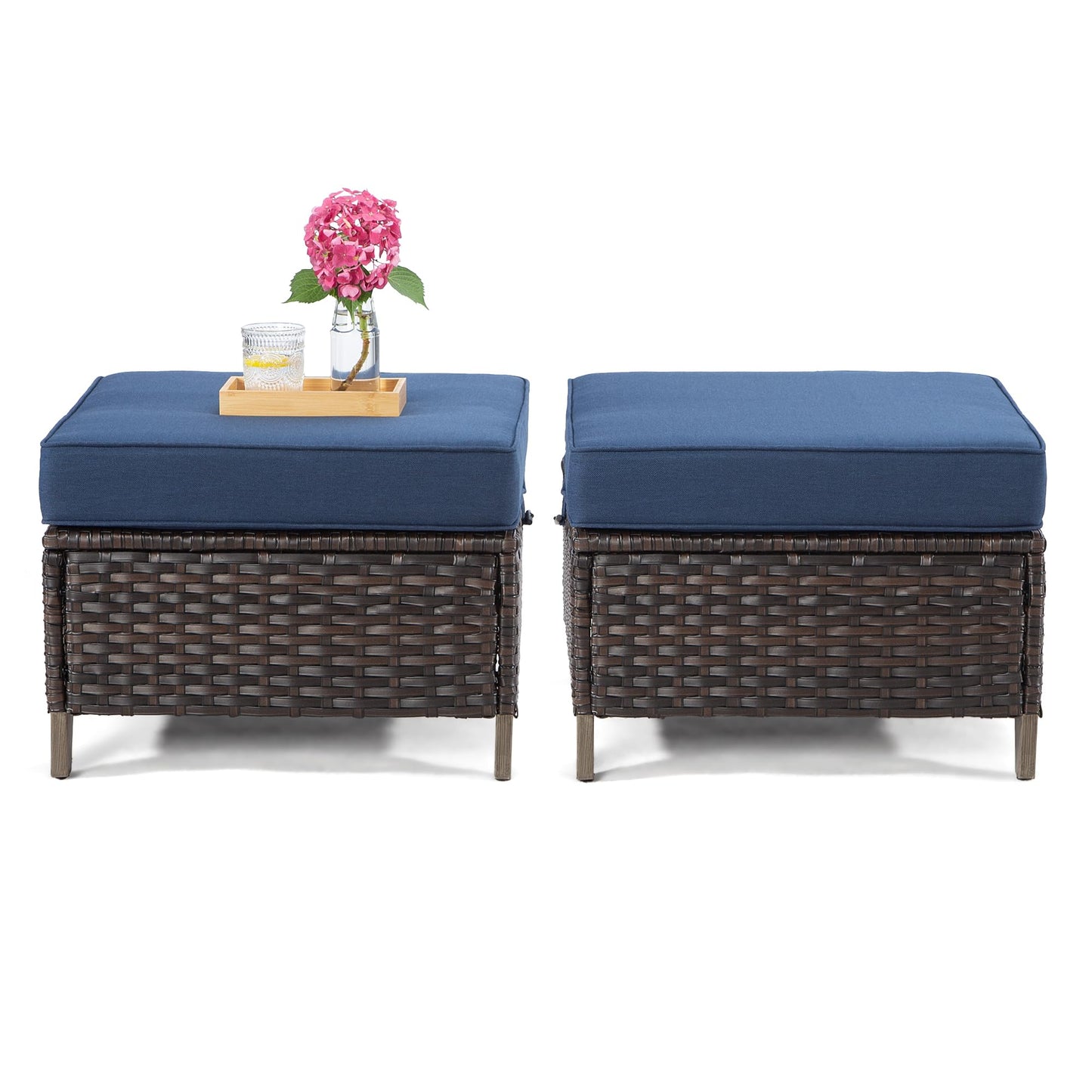 Joyside Patio Ottoman Set of 2, All Weather Outdoor Rattan Ottomans Patio Footstools with Removable Cushions for Garden Backyard Porch (Blue)