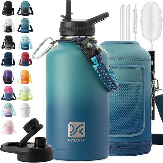 DYSANKY Insulated Water Bottle | Thickened Stainless Steel Vacuum Metal | Portable Sports Half Gallon Large Water Jug for Gym and Hiking with Straw, Carrier Bag, Handle Strap | BPA-Free 64 oz
