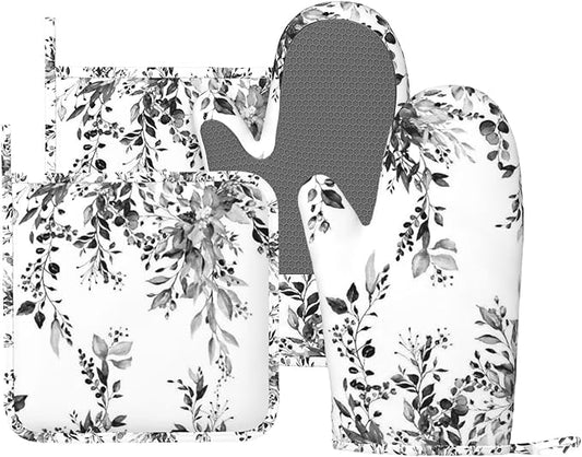Black and White Eucalyptus Oven Mitts and Pot Holders Set, 4pcs Silicone Grey Watercolor Plant Leaves Oven Glove for Kitchen Heat Resistant Oven Mitts and Potholders Non-Slip for Cooking