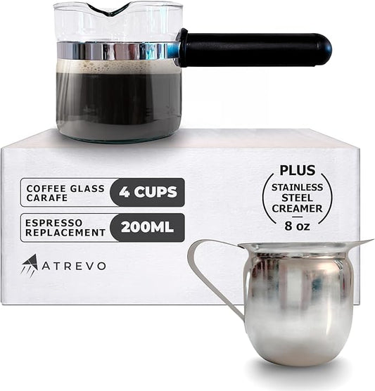 Espresso Carafe Glass Replacement - 4 Cup. Fits Most Espresso Machines, Mr. Coffee, Cuisinart, Breville. PLUS Stainless Steel Creamer (8oz).