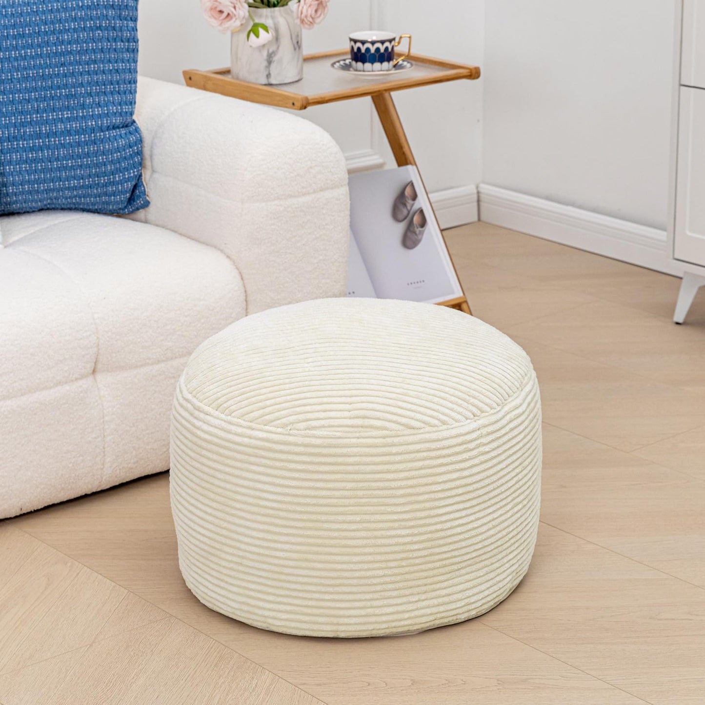 Poofieotto Pouf Ottoman Stuffed Modern Foam Filler Velvet Floor Pouf Round Foot Stool 20 * 12 Inches Ottoman Foot Rest for Living Room, Home Decor (Ivory)