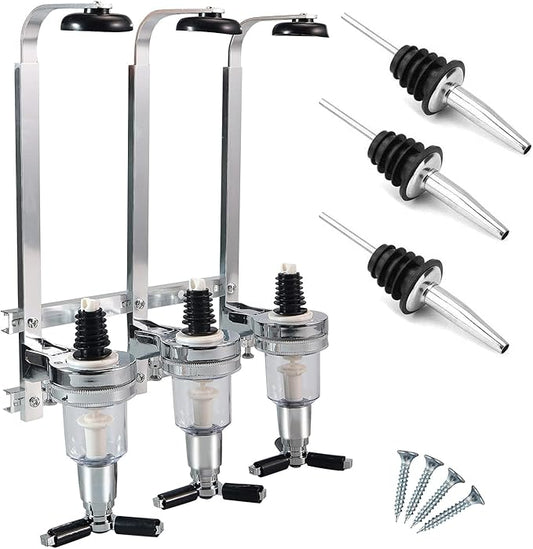 3 Bottle Liquor Dispenser Stand Wall Mounted Dispenser Drinks Wine Spirits Steel Bar Optics Party Home Bar Butler Beer Cocktail,with 3 Liquor Bottle Pourers (3 Bottles)