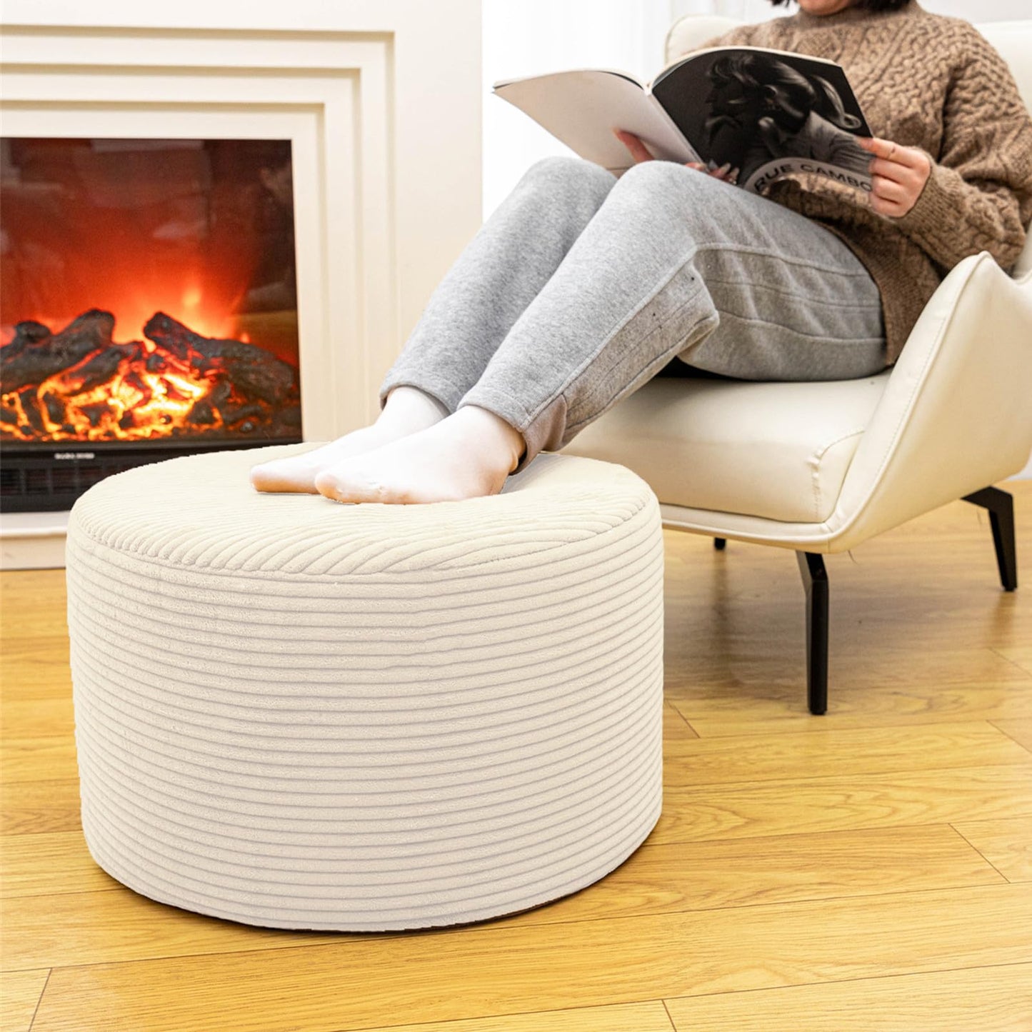 Poofieotto Pouf Ottoman Stuffed Modern Foam Filler Velvet Floor Pouf Round Foot Stool 20 * 12 Inches Ottoman Foot Rest for Living Room, Home Decor (Ivory)