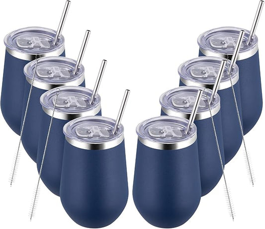 MEWAY 12oz/8 Pack Wine Tumbler Glasses with Lid - Stemless Double Wall Vacuum Stainless Steel Tumbler Keeping Cold & Hot for Wine,Drinks - Family and Gifts, Ideal for Travel and Office(Navy,Set of 8)