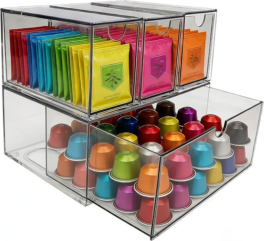 6-Pack Tea Bag Drawers Organizer – Clear Plastic Tea Bag Holder, Stackable & Portable, Wide Storage Drawers for Cabinet, Pantry, Kitchen Counter, Herbal Tea, Coffee Pods (4-Tier)