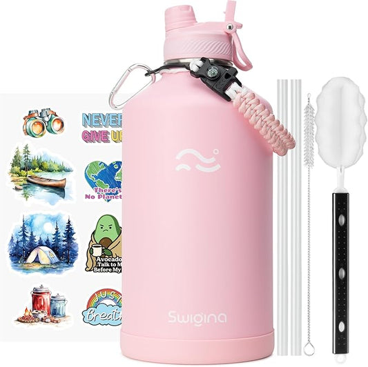 Swigina [2-IN-1 LID] Gallon Insulated Water Bottle with Silicone Boot (48hrs Cold/24hrs Hot) - DIY Stickers, Leakproof, BPA Free, 128 oz