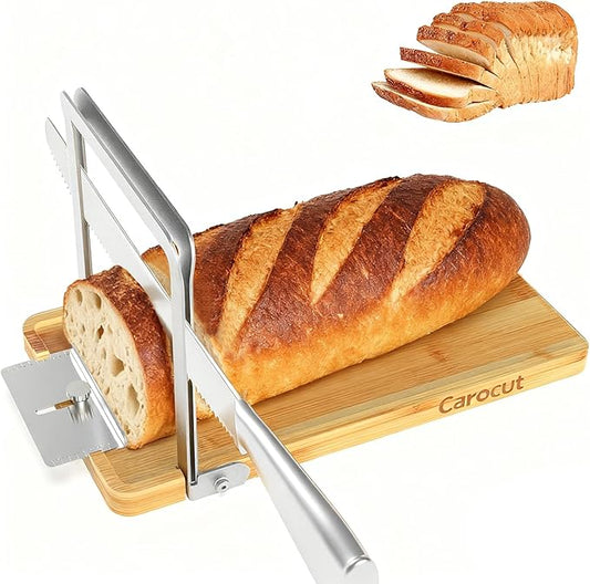 Adjustable Bread Slicer, Foldable Wood & Stainless Steel Guide for Homemade Sourdough, Sandwich & Artisan Loaves up to 6.3”, Space Saver for Small Kitchen, Includes Knife