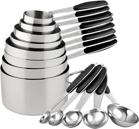 Measuring Cups and Spoons Set with Silicone Handle, Set of 13 Including Stainless Steel 8 Measuring Cups & 5 Measuring Spoons. Widely Used Cooking Baking Measurement as Kitchen Gadget.