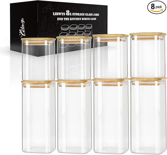 LIBWYS 8-Pack Square Glass Storage Jars with Bamboo Lids (0.6Qt/1.06Qt) - Stackable Food Containers for Pantry Organization, Coffee, Flour, Snacks, Tea | Kitchen Canisters Set