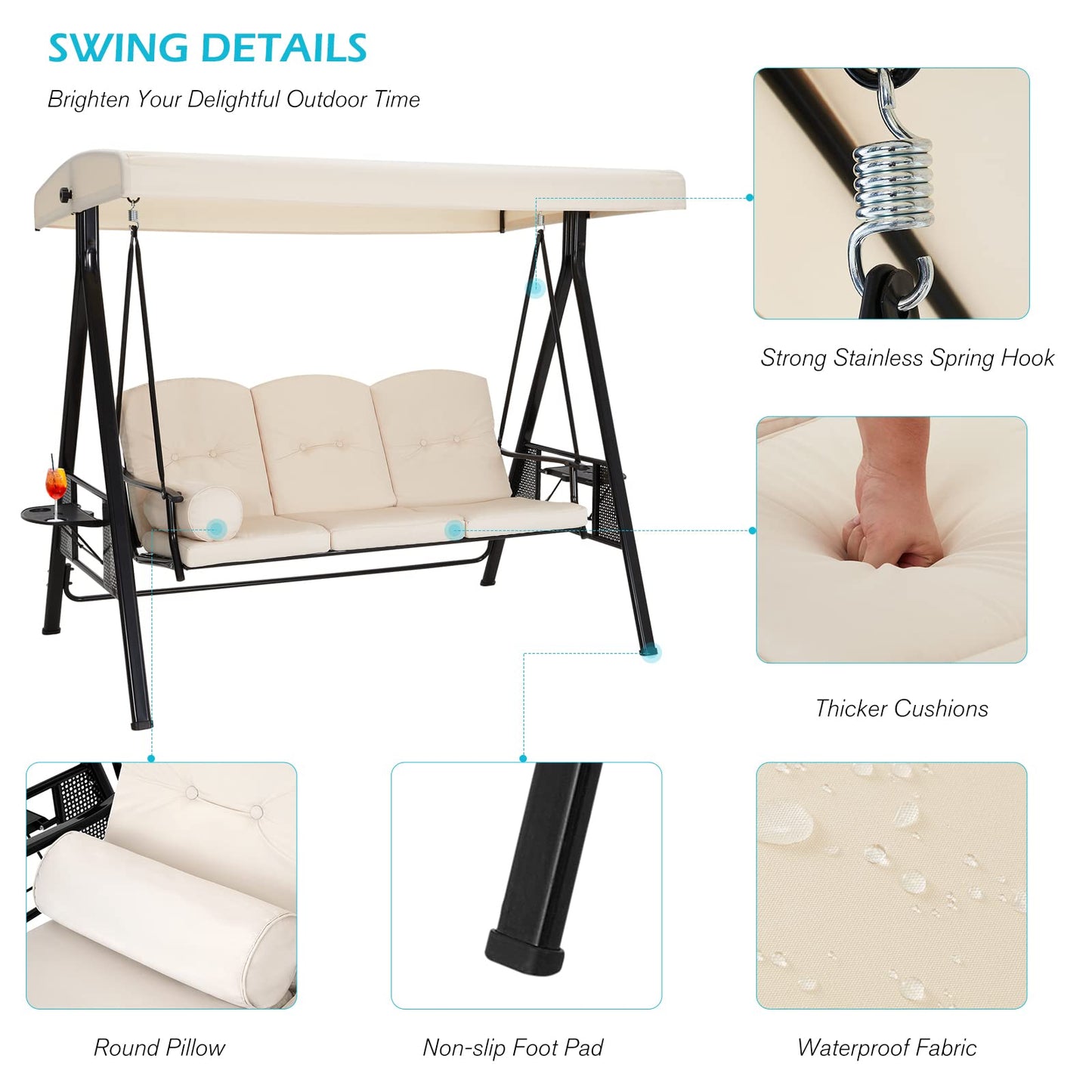 AECOJOY Outdoor Porch Swing, 3-Seat Porch Swing with Adjustable Canopy, Outdoor Swings for Adult with Beige Removable Cushions for Backyard, Garden, Yard, Poolside, Balcony