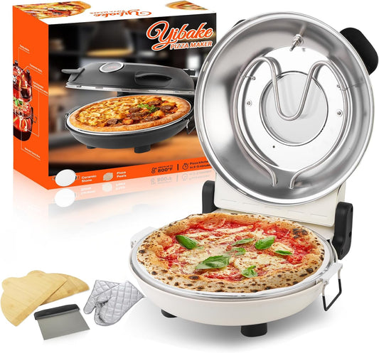 12" Electric Pizza Oven - Countertop Pizza Maker with Ceramic Stone, Heats up to 800°F, Portable Indoor Pizza Oven for Homemade Pizzas, White