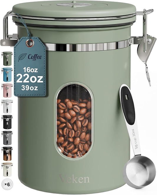 Veken Coffee Canister with Window, Airtight Stainless Steel Kitchen Food Storage Container with Lids, Date Tracker and Scoop for Grounds Coffee, Beans, Tea, Flour, Cereal, Sugar Jars, 22OZ, Green
