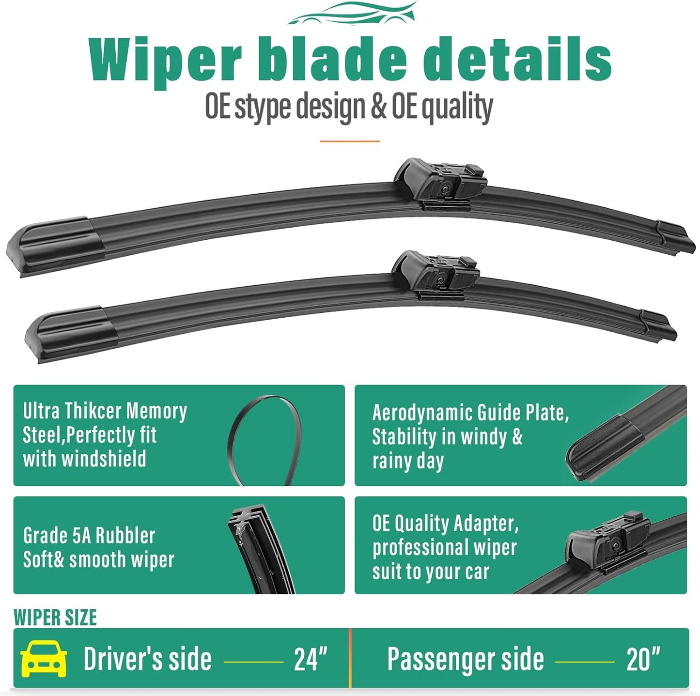 24" 20" 15" Windshield Wiper Blades Replacement for Ford Mustang Mach-E 2021 2022 2023 2024 Mustang Mache Premium All Weather Front Rear Wipers Set - OEM Quality (Pack of 3)