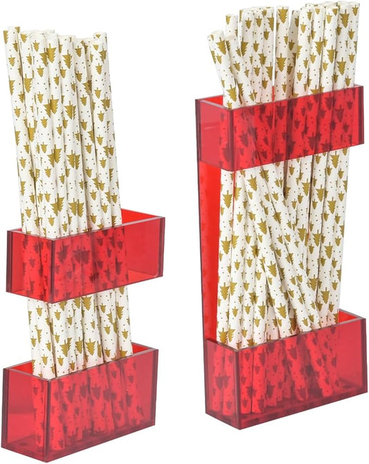 2 PACK Acrylic Straw Holder for Cabinet Doors, Reusable Straw Organizer with Ultra-Sticky Adhesive, Small Kitchen Accessories Container, Fits Both Short & Long Straws (Red)