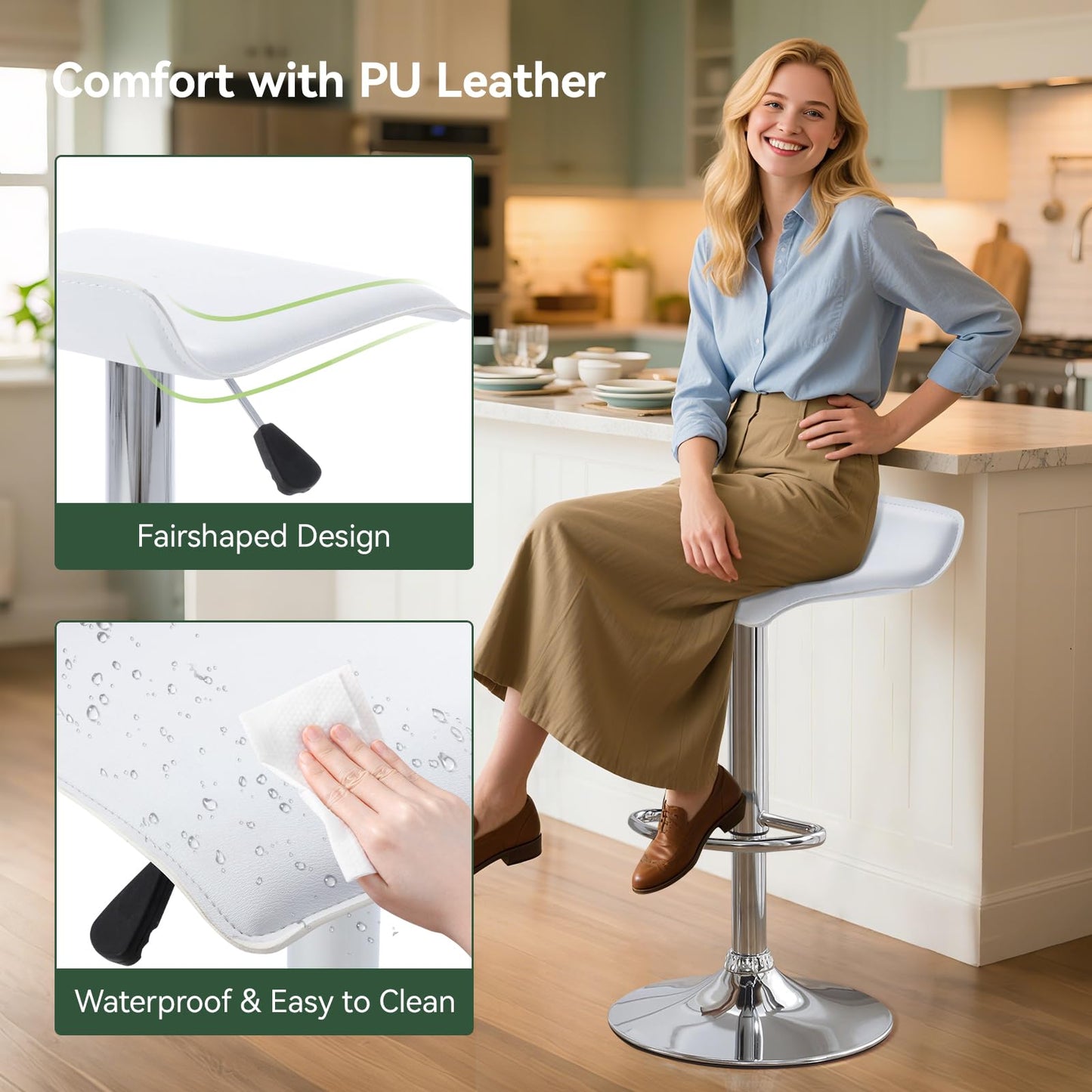 Adjustable Swivel Bar Stools Set of 2, Modern PU Leather Backless Counter Height Stools with Footrest & Gas Lift | Heavy Duty for Kitchen Island, Home Bar, Dining Room (White, Chrome Base)