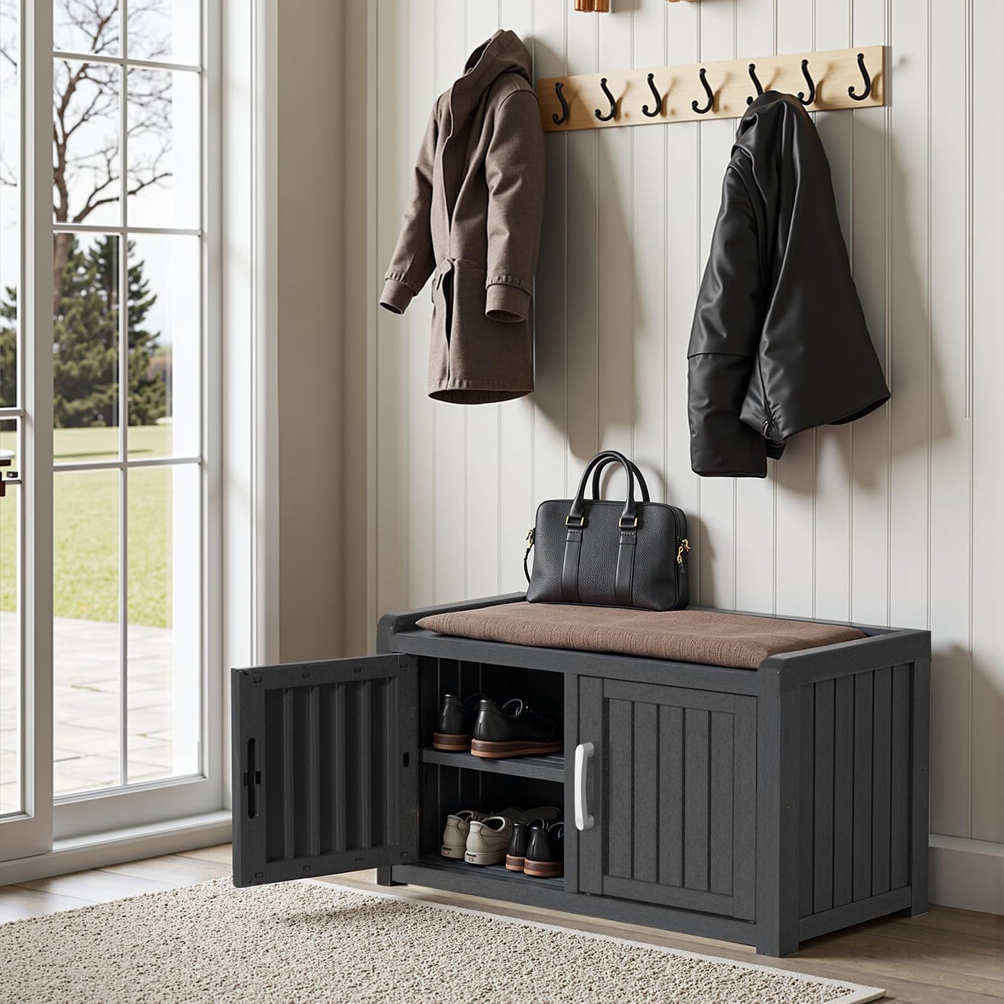 ROJIK Shoe Cabinet Waterproof UV-Resistant,Storage Bench Indoor Outdoor with Adjustable Shelves,for Entryway Bedroom,Hallway,Living Room(Double Door,Black)