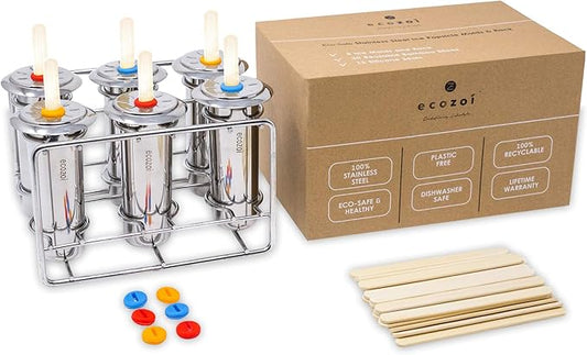 Ecozoi Stainless Steel Popsicle Molds, 6 Metal Ice Popsicle Makers, 30 Reusable Bamboo Sticks, 12 Silicone Seals and 1 Rack, Eco Popsicle Molds for Kids and Adults, 3 oz Per Mold (Round)