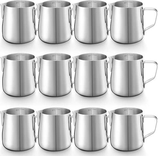 Honeydak 12 Pcs Milk Frothing Pitcher 304 Stainless Steel Steaming Pitchers for Coffee Bar Cappuccino Barista Tools Milk Jug Steamer Frother Cup (8 oz)