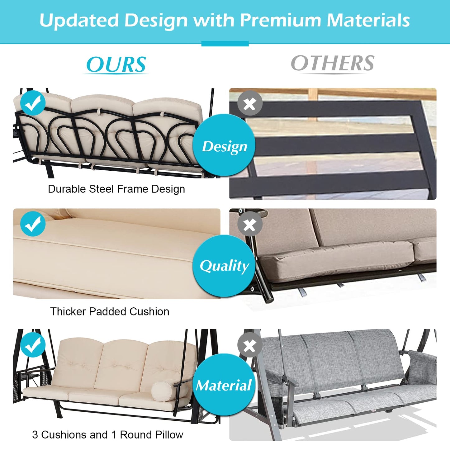 AECOJOY Outdoor Porch Swing, 3-Seat Porch Swing with Adjustable Canopy, Outdoor Swings for Adult with Beige Removable Cushions for Backyard, Garden, Yard, Poolside, Balcony