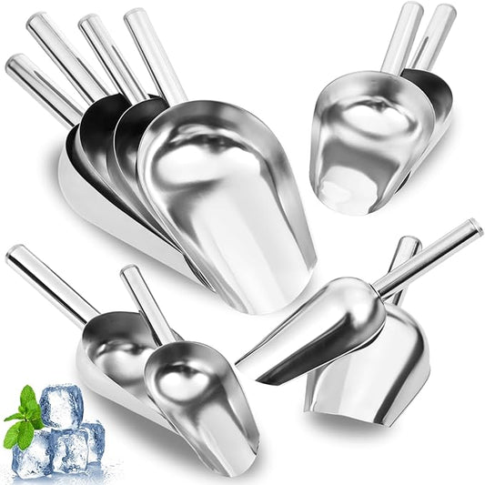 3 + 6 + 9 + 12 + 16 OZ Ounce Stainless Steel Ice Scoop Set of 10, Food-Grade, Multiple Sizes Metal Food Scoop, Rust-proof Candy Ice Cube Scoop for Kitchen Party Wedding Popcorn Dog Food Potted Plants