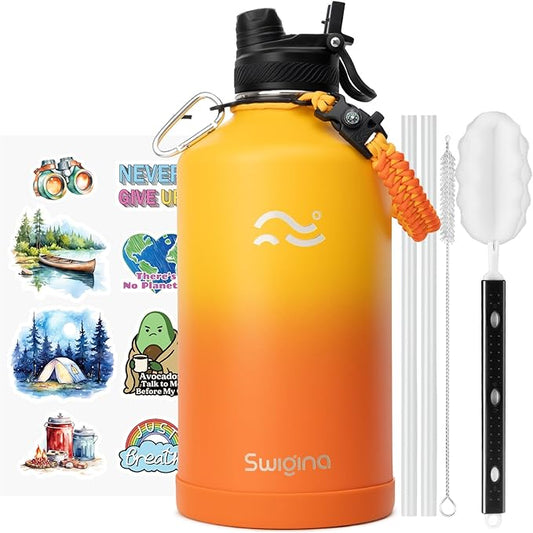 Swigina [2-IN-1 LID] Gallon Insulated Water Bottle with Silicone Boot (48hrs Cold/24hrs Hot) - DIY Stickers, Leakproof, BPA Free, 128 oz
