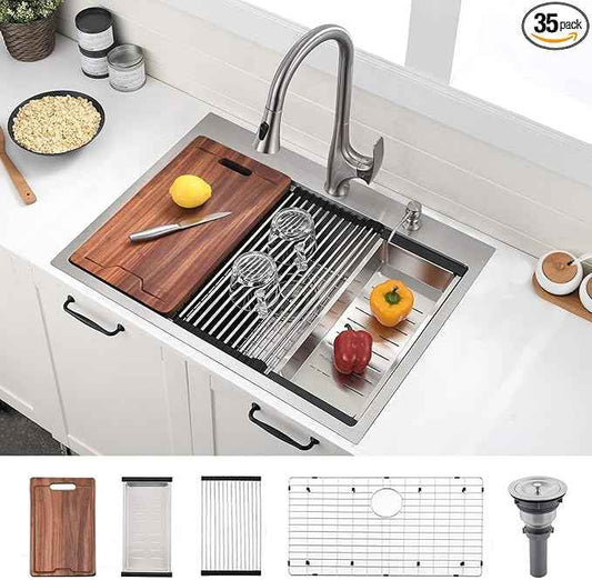 30 Inch Drop In Kitchen Sink Workstation Stainless Steel - VOKIM 30 x22-Inch Single Bowl Kitchen Sink 16 Gauge Stainless Steel 10'' Deep Handmade Kitchen Sink with Cutting Board& Strainer