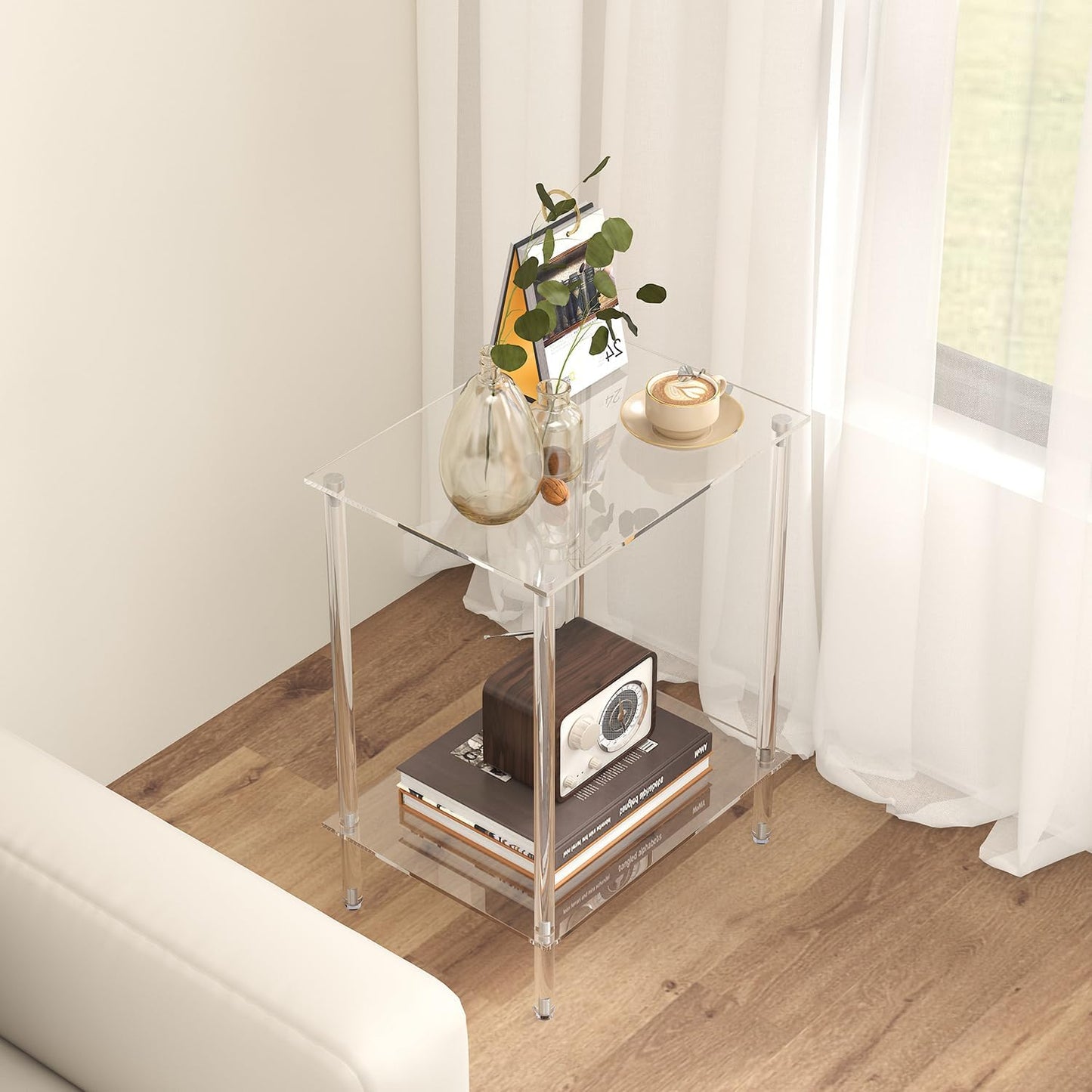 Acrylic Glass Side Tables with 2 Shelve End Table Bedside Set of 2, simplicity Nightstands for small Spaces, 2-Tier Tempered Glass for Office Bedroom Living Room Study Outdoor Transparent ET-008TR