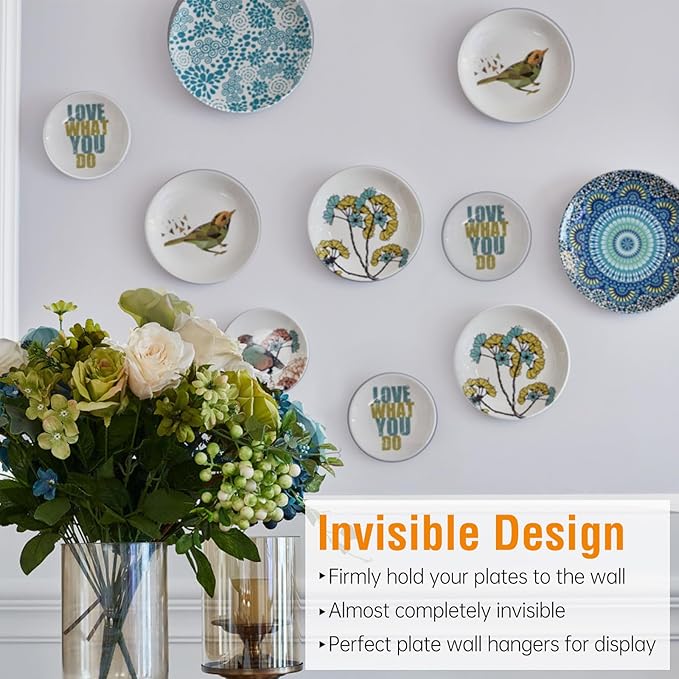 Bilillo 12 Pieces Invisible Heavy Duty Plate Holders, Stainless Steel Plate Hangers for The Wall, Plate Hangers for Display with Wall Hooks, Suitable for 6-8 inch Decorative Plates and Arts (Gold)