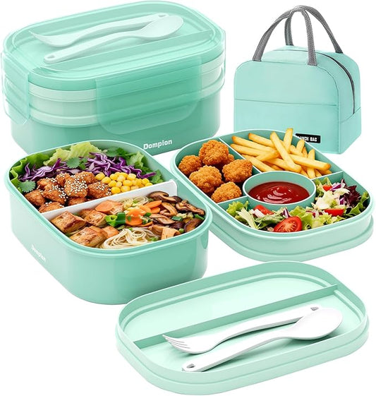 2 Layers Bento Box, All-in-One Stackable Lunch Container with Compartments, 64oz Leakproof Microwave Safe Dishwasher Safe Bento Box with Lunch Bag and Utensil Set for Kids and Adults