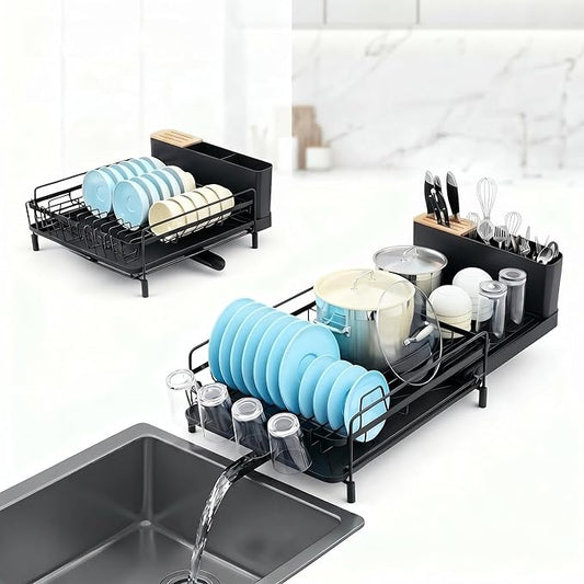 Large Extendable Dish Drying Rack with Bamboo Knife Holder, Rustproof Dish Drainer for Kitchen Counter, Adjustable 19"-27", Black