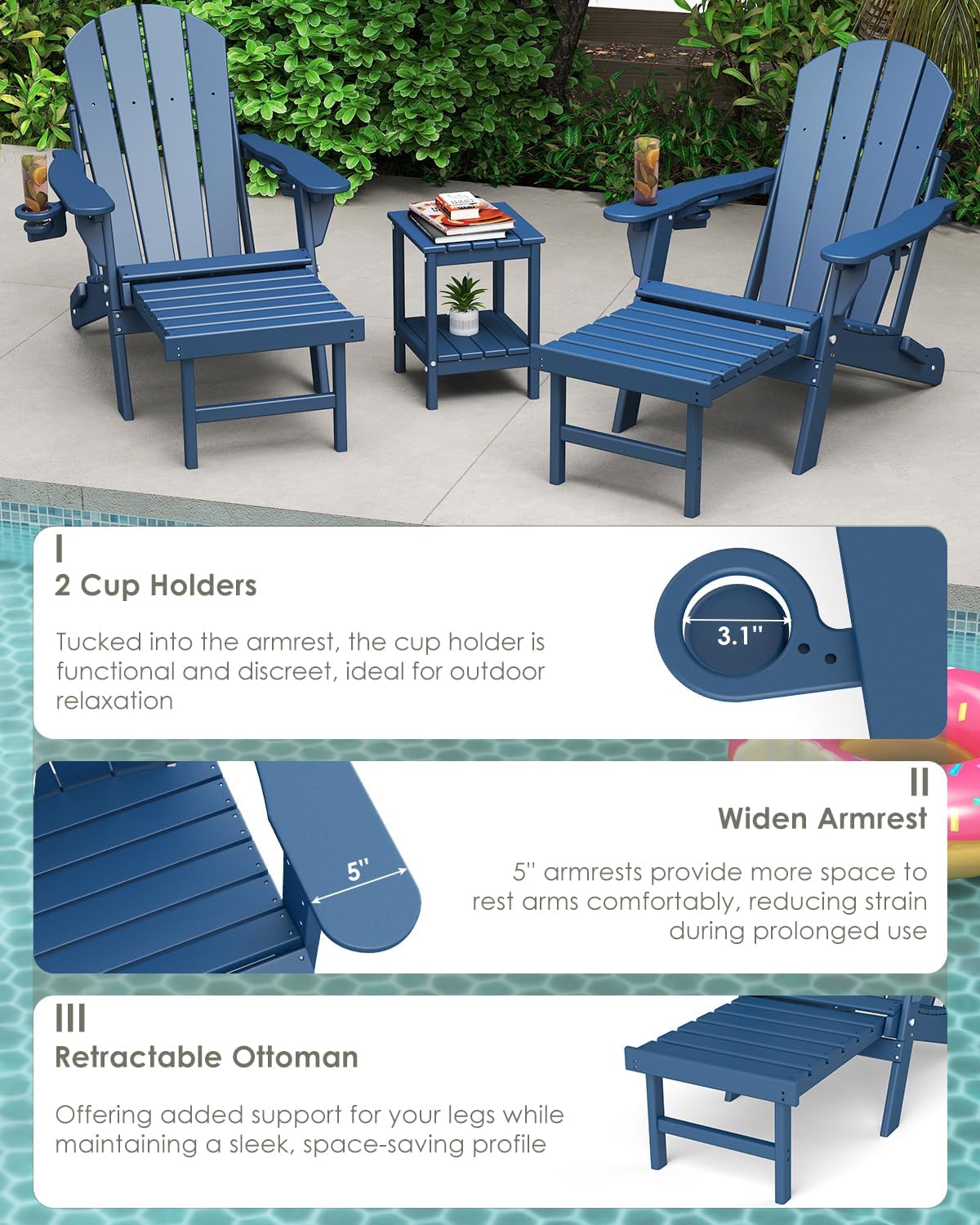 GREENVINES Adjustable Adirondack Chair with Retractable Ottoman Set of 2 | Folding | HDPE Plastic | Fire Pit Chairs w/Foot Rest | 2 Cup Holders | Blue | for Outdoor Patio Poolside Deck