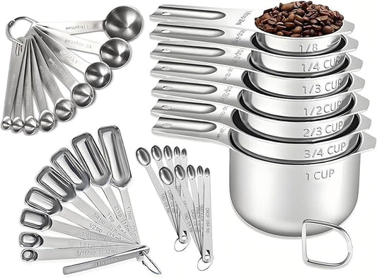 35PCS Stainless Steel Measuring Cups and Spoons Set, 7 Nesting Measuring Cups, Round & Rectangular Spoons with Clear Engraved Markings, 2-Pack Mini Spoon Sets with Leveler for Precise Cooking & Baking