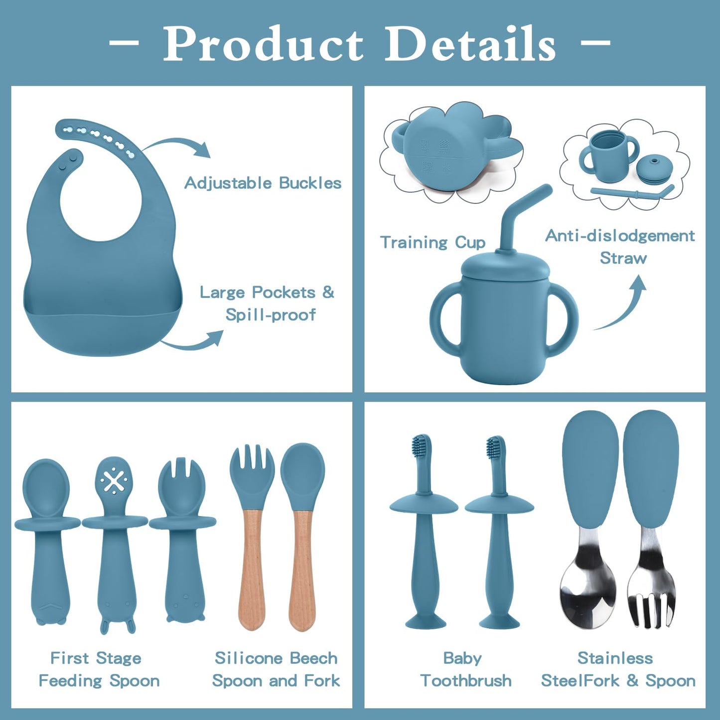Silicone Feeding Set, 13PCS Baby Feeding Essentials with Suction Bowl & Plate, Spoons & Forks, Bib & Cup, Toothbrush, Baby Led Weaning Supplies for 6+ Months, Eating Essentials (Blue)