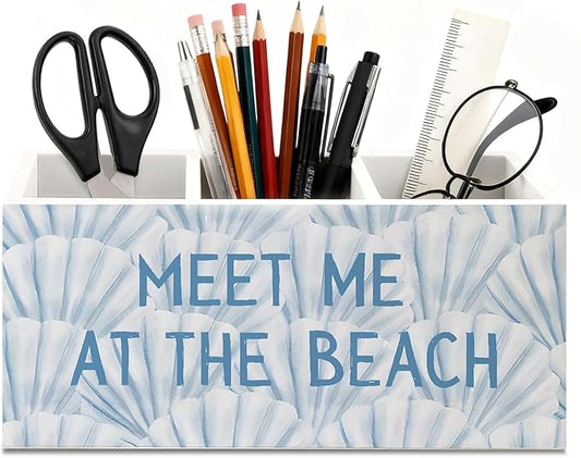 Blue Coastal Beach Seashell Wooden Utensils Holder, Meet Me at The Beach Ocean Beachy Wood Cooking Utensil Holder Organizer for Kitchen Countertop Counter Decor Accessories
