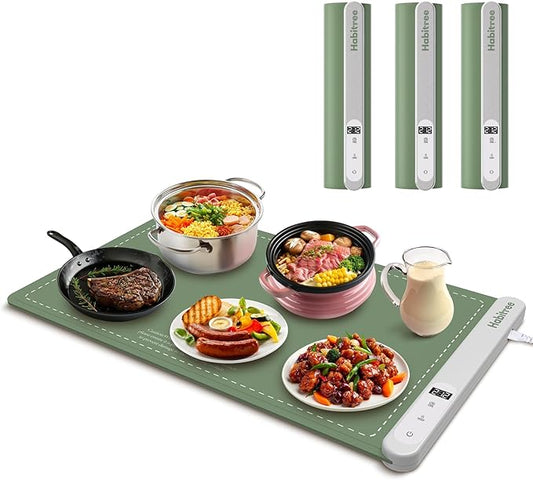 3-Pack Silicone Food Warming Mat & Food Warmers for Parties Buffet - Rapid Heating 6-Level Temp Control, Rollable Portable Easy Clean - Value Set for Gatherings & Home Daily Use（Green）