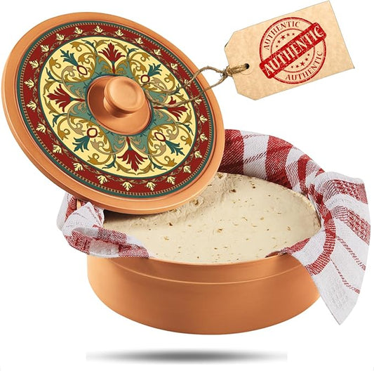 Authentic Terracotta Tortilla Warmer w Decorative Lid, Mexican Terra Cotta Tortilla Holder w Warmer Cloth, Traditional Clay Tortillas Keeper Heater & Tortillero, Arabesque