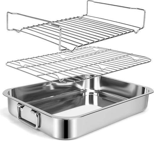 15.5" Stainless Steel Roasting Pans with Handles, Baking Pan for Oven with 2 Racks, Heavy Duty, Dishwasher Safe Rectangular Lasagna Pan with Handles for Turkey Chicken, Silver