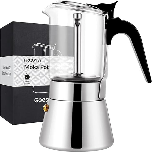 Geesta Premium Crystal Glass-Top Stovetop Espresso Moka Pot - 4/6/ 9 Cups - Stainless Steel Coffee Maker- 160ml/5.6oz/4 cup (espresso cup=40ml)