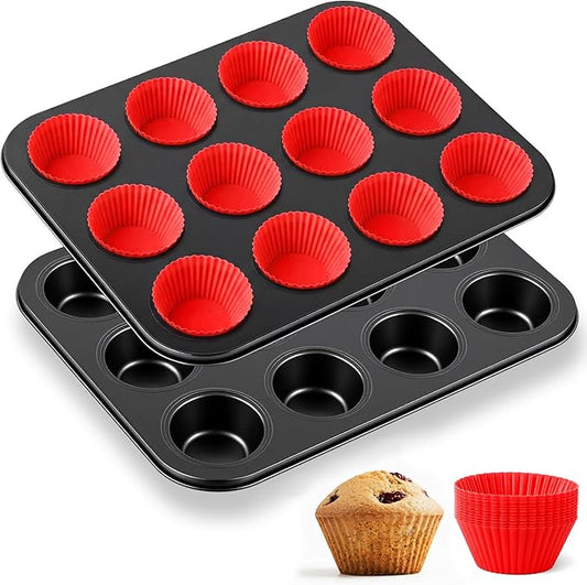 2 Set 12-cup Non Stick Carbon Steel Muffin Pan for Baking with 24 Reusable Silicone Liners, Non Toxic Cupcake Pan Muffin Tin for Easter Wedding Brownies Egg Bite, Easy to Pop(Red)