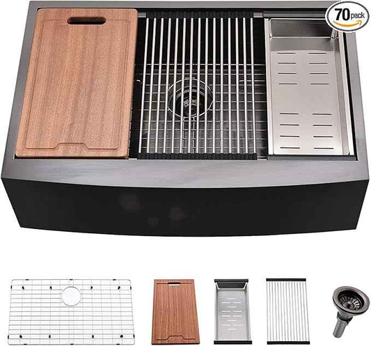 33 Inch Farmhouse Kitchen Sink Workstation Black - VOKIM 33x22 Apron Front Kitchen Sink Stainless Steel 16 Gauge Single Bowl Gunmetal Farm Sink