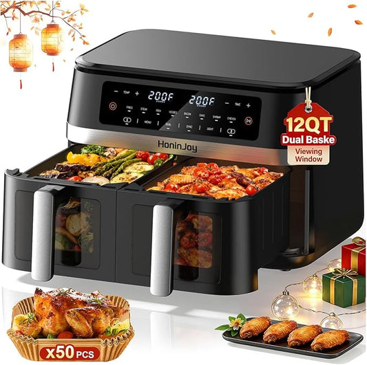 12QT Large Double Basket Air Fryer with 50PCS Paper Liners and Viewing Window, 12-in-1 Digital Touchscreen Dual Zone Air Fryers for Easy Meal, SyncCook to Roast,Reheat,Broil, Dishwasher Safe