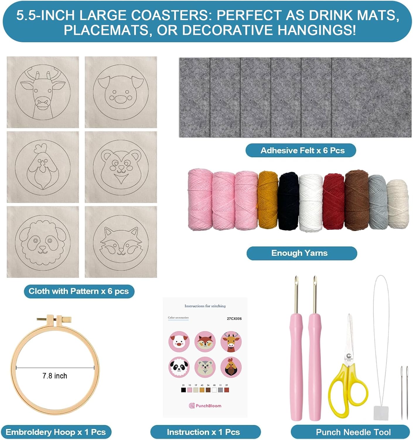 Punch Needle Kit for Adults Beginners, 6-Piece Cute Animal Punch Coaster Starter Kit – Easy Embroidery Stitch Craft Set with Instructions – Fun Needle Point Tufting for Table Decor & Festival Gifts