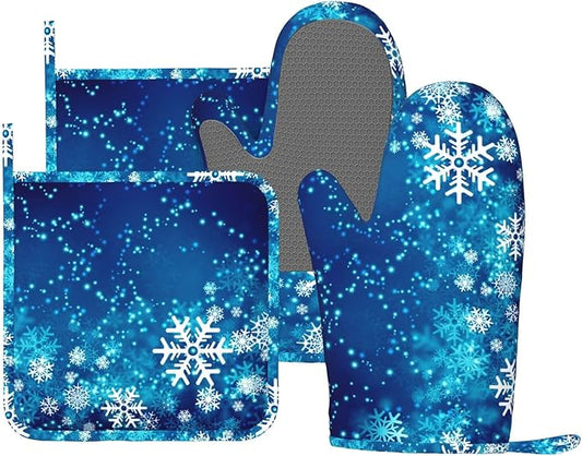 Oven Mitts and Pot Holders Blue Snowflake Winter Christmas Silicone Kitchen Accessories Set of 4 Heat Resistant Long Gloves Potholder Non-Slip Grip for Chef Cooking Baking Grilling BBQ