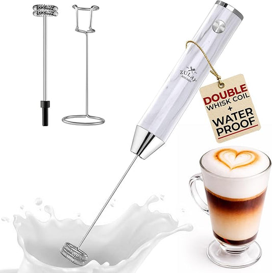 Zulay Kitchen Rechargeable Milk Frother Handheld Lux - Powerful 2-Speed Motor, Waterproof, 2000mAh Battery - Drink Mixer for Latte, Cappuccino, Matcha & Protein Powder - White Marble